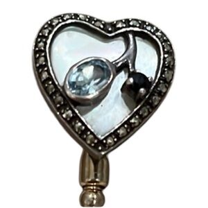 Vintage Sterling Silver 925 Heart Stickpin Marcasite & Mother of Pearl